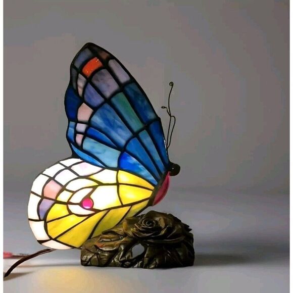 QUOIZEL INC BRONZE STAINED GLASS BUTTERFLY ACCENT TABLE LAMP NIGHT LIGHT 9” TALL - Picture 3 of 12
